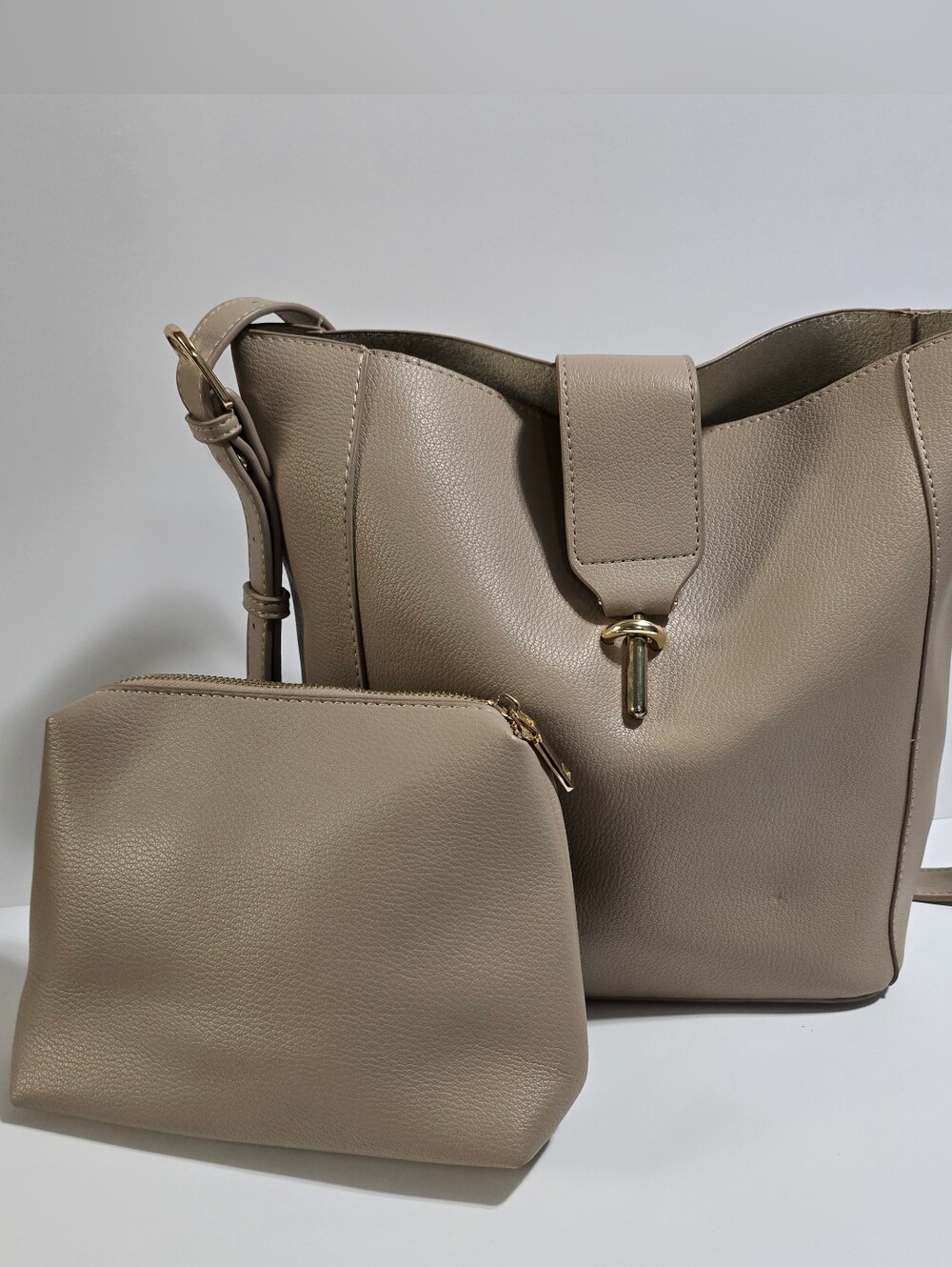 Taupe Leatherette Bucket Bag with Pouch - Unbranded